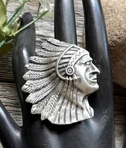 Native American Sterling Silver Indian Chief Head Stamped Adjustable Ring E - Picture 1 of 12