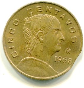 Mexico 5 Centavos 1968 KM-426 clipped flan error about 5% @  4:00  lotnov3594 - Picture 1 of 2