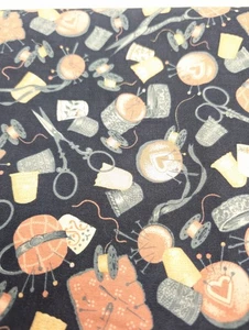 Fabric Traditions cotton Sewing Room Theme Pincushion print 1993 Navy Blue Pink - Picture 1 of 3