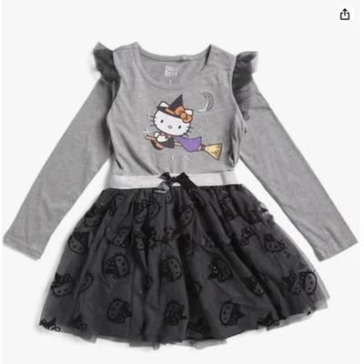 New Girls Halloween Hello Kitty Witch Dress 4T 100% Cotton Gray Black CUTE! - Image 1 of 3