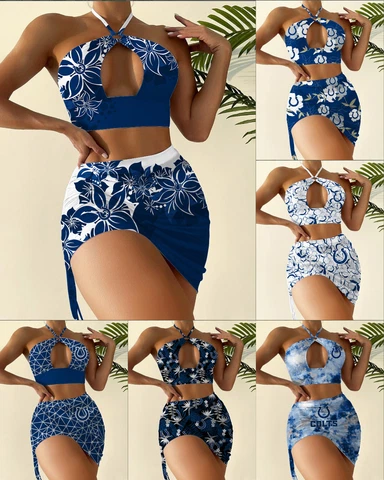 Indianapolis Colts Womens 2Pcs Cutout Swimsuit Halter Bikini Set W/Beach Skirt Cover
