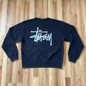 Stussy Pullover Men Medium Black Script Double Sided Logo Crewneck Sweater - Picture 1 of 15