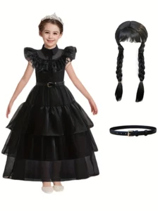 WEDNESDAY ADDAMS FAMILY 9-10Y Black Gothic Costume FANCY princes Dress/WIG Belt - Picture 1 of 11