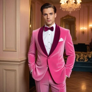 MEN'S PINK VELVET 2 PIECE SUIT SLIM FIT TWO BUTTON SOLID TUXEDO SUIT JACKET+PANT - Picture 1 of 7