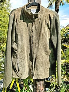 Vtg PENDLETON Olive Leather Merino Wool Cashmere Ribbed Sweater Zip Jacket Med - Imagen 1 de 5