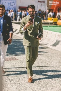 Men Suit Olive Green Double Breasted Peak Lapel Party Prom Tuxedo Wedding Suits - Picture 1 of 8