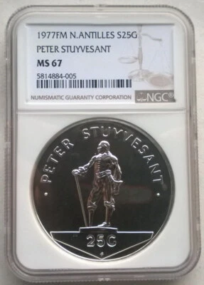 Netherlands Antilles 1977 Peter Stuyvesant 25 Gulden NGC MS67 1.25oz Silver Coin - Image 1 of 2