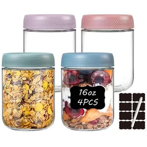 4 Pack 16oz Glass Jars with Lids Overnight Oats Snack Pudding Yogurt Container - Picture 1 of 8