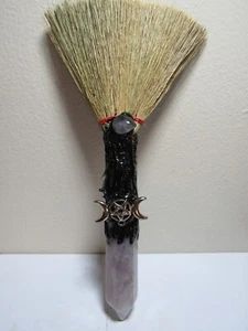 Amethyst Witches Broom with a Trible Moon & Pentagram. Wiccan! 8" - Picture 1 of 4