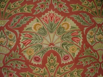 Floral Motifs Dark Coral Linen Blend Curtain Upholstery Cushion Fabric - Image 1 of 4
