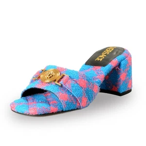 Versace Women's Lurex Check Gold Medusa Heeled Sandals Mules Shoes US 8 IT 38 - Picture 1 of 8