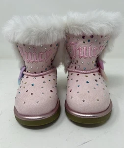 Juicy Couture Lil Whittier Pink W/ Rhinestones White Faux Fur Boots Size 5 - Picture 1 of 10