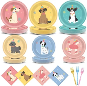 96Pcs Pet Dog Birthday Party Supplies Retro Puppy Themed Paper Plates Napkins... - Bild 1 von 7