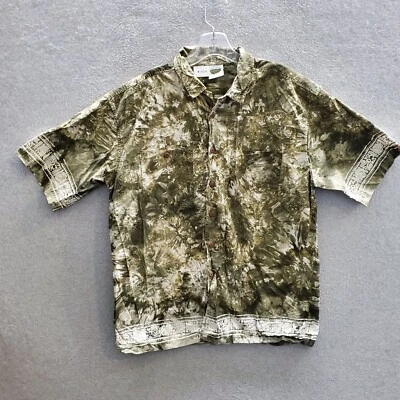 Rainforest Café Hombres Camisa Abotonada Grande Oliva Tie Dye Azteca Manga Corta Foto 1 de 4