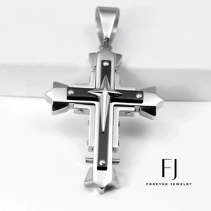 Men's Silver Stainless-Steel 75mm CROSS Big Pendant Unisex + Box - Picture 1 of 4