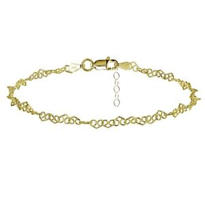 Yellow Gold Flashed Sterling Silver Fancy Heart Link Chain Anklet