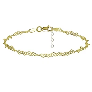 Yellow Gold Flashed Sterling Silver Fancy Heart Link Chain Anklet - Picture 1 of 3