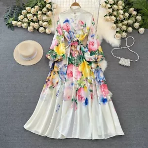 Flower Linen Dress Women's Stand Long Lantern Sleeve Floral Print Single - Picture 1 of 7