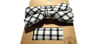 MEN BOW TIE GEOMETRIC BLACK AND WHITE HANDKERCHIEF PRE-TIED BOW ADJUSTABLE CLIP - Picture 1 of 1