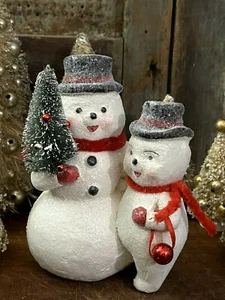 Paper Mache Frosty Snowman Pair Vintage Style Mica Snow w Bottle Brush Tree - Picture 1 of 8