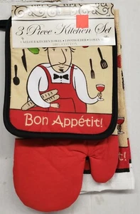 3-teiliges KÜCHENSET: 1 TOPFHALTER, 1 HANDTUCH & 1 JUMBO OFENHANDSCHUH, FAT CHEF RED BON, BH - Bild 1 von 12