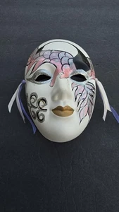 Vintage Venetian Carnival Mask Hand Painted Pink Glitter Ribbons Wall Decor Art - Picture 1 of 5