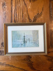 Vintage Paul Sawyier Art Print Wapping Street Fountain 8 7/8" x 6 7/8" Framed Ma - Picture 1 of 5