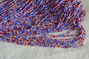 Antique Seed Beads, Patriotic,Red, Pinkish White And Blue, 7g; 17bpi, 1910s - Picture 1 of 4