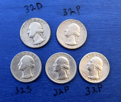 5 LOT 1932 Washington Quarters  1 - D , 1 - S , 3 - P ,  1st YEAR OF PRODUCTION - Image 1 of 4