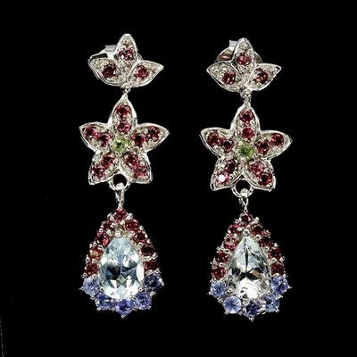 925 Sterling Silver Earrings Pear Aquamarine Peridot Tanzanite Gemstone Jewelry - Image 1 of 4