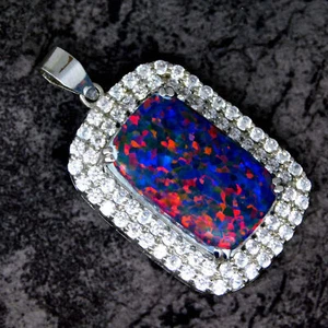 925 Sterling Silver Rainbow Fire Opal & CZ Stunning Pendant For Women - Picture 1 of 6