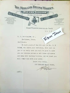 1913 Fort Worth Texas THE MIDLAND BRASS WORK'S LETTERHEAD SIGNED - Picture 1 of 2