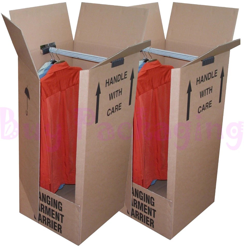 3 LARGE STRONG REMOVAL MOVING WARDROBE CARDBOARD BOXES WITH HANGERS - Image 1 of 1