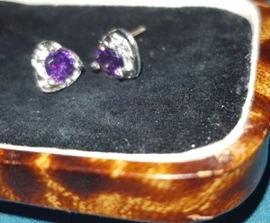 ❤️ Silver Amethyst Heart Stud Earrings 8 mm 9ct White Rolled Gold Sim Gems ❤️ ❤️ - Picture 1 of 13