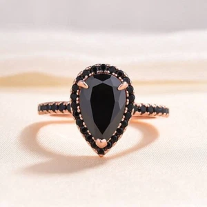 5Ct Pear Cut Lab Created Black Sapphire Engagement Ring 14k Rose Gold Finish - Picture 1 of 17
