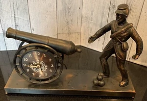 Vintage Metal United Clock Military Soldier With Canon Model #705 USA WORKS - Picture 1 of 21