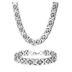 11mm Men's Silver Flat Byzantine Chain Necklace Bracelet Set Stainless Steel - Picture 1 of 8