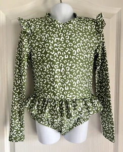 Ruffle Girl Long Sleeve Swim Bathing Suit One Piece Green White Cheetah 3XL 8 - Picture 1 of 13