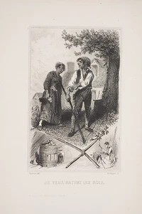 Petite gravure XIX° Scène Campagnarde Je veux battre les noix, barrique, rouet - Imagen 1 de 1