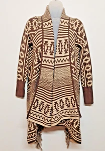 Maurices Sweater Poncho Cardigan Southwest Brown Aztec Sz Medium Fringe LONG - Picture 1 of 6