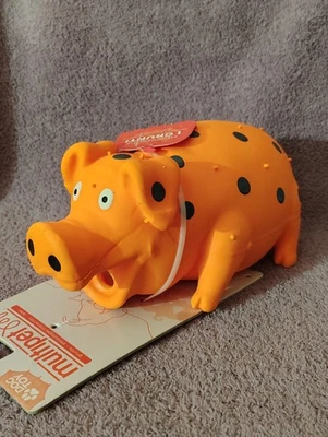 Multipet Orange & Black Polka Dot Globlet Pig Latex Grunting Dog Toy 8.25" - Image 1 of 4