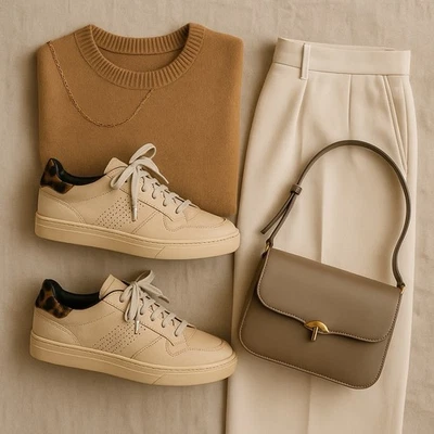 P448 бежевый / леопард икры акцент кроссовок ЕС 37 США 6,5 неношенный / легкие следы - Изображение 1 из 4