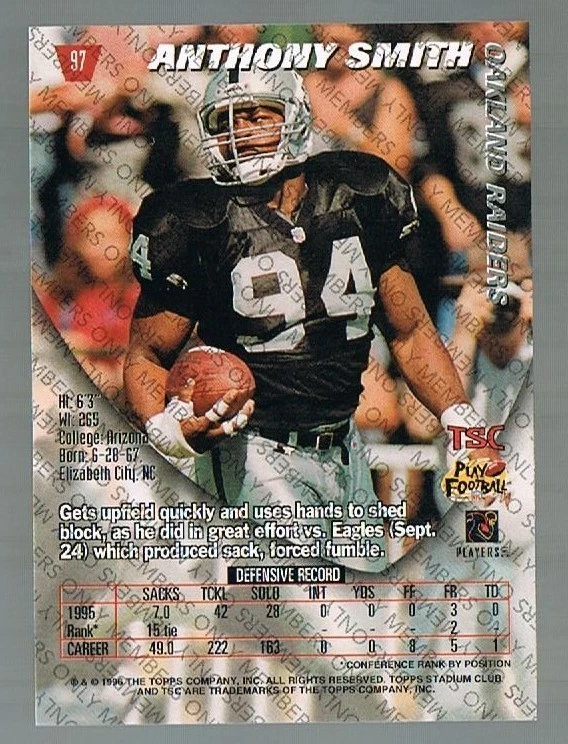 96 Stadium Club Members Only ANTHONY SMITH #97 Raiders - Image 1 of 1