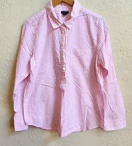 J Crew Tunic Top Shirt Women L Pink White Stripe Cotton Roll Up Long Sleeve - Picture 1 of 9