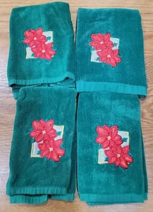 Christmas Green Poinsettia Embroidered Hand Towels Set of 4 11X17 inches - Picture 1 of 5