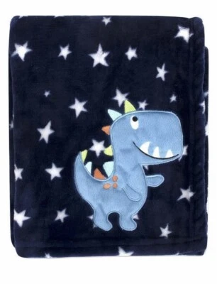 Baby Essentials Dinosaur Blanket Navy Blue White Stars Soft Plush Embroidered - Image 1 of 4