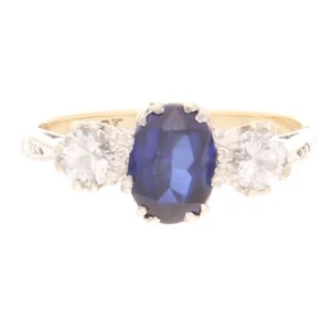 9Ct Yellow Gold Simulated Sapphire & Simulated Diamond Three-Stone Ring (Size J) - Picture 1 of 4