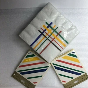 Vintage Hallmark Beverage Napkins & (2) Coasters Bright Primary Stripes NIP - Picture 1 of 5