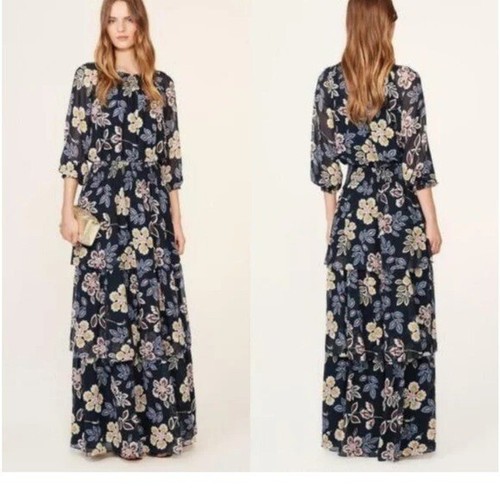 Maxi abito indie a più livelli floreale Tory Burch seta floreale in nero Hopewell taglia 6 nuovo con etichette