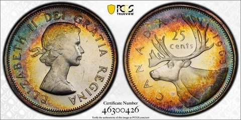 MS63 1963 25C Canada Silver Caribou Quarter, PCGS Secure- Pretty Toned Cover